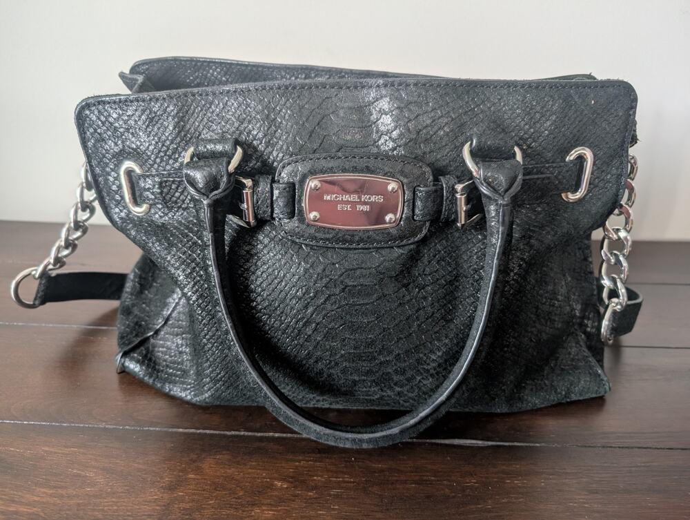 Michael Kors Black Hamilton Large Leather Silver Chain Satchel Bag Purse